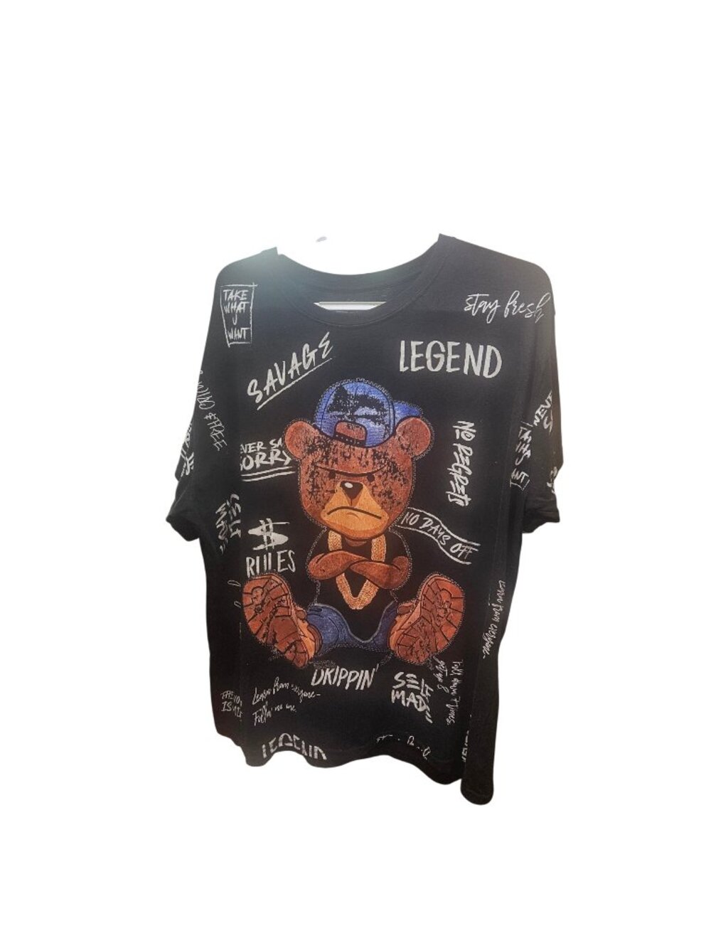Streetwear Black Graphic T-Shirt With Angry Bear Design & Motivational Text 3XL